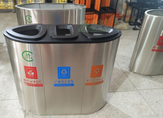 商場(chǎng)不銹鋼三分類(lèi)垃圾桶-欣方圳商場(chǎng)三分類(lèi)垃圾桶廠家